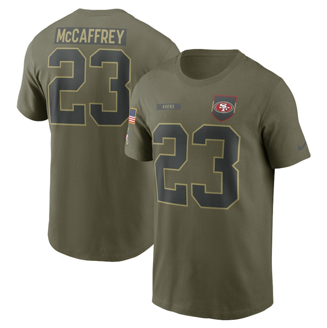 Men's Olive San Francisco 49ers #23 Christian McCaffrey 2025 Salute to Service Name & Number T-Shirt